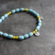 Load image into Gallery viewer, Bohemian Beaded 3-Coin Bracelet - 7 5/8" Light Blue and HOT yellow African Trade Beads, OOAK!
