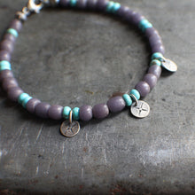 Load image into Gallery viewer, Bohemian Beaded 3-Coin Bracelet - 8" Dusky Purple and Turquoise Beads, OOAK!
