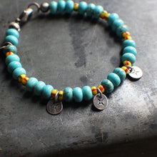 Load image into Gallery viewer, Bohemian Beaded 3-Coin Bracelet - 6.75" Turquoise Rondelle and Yellow stripe African Trade Beads, OOAK!
