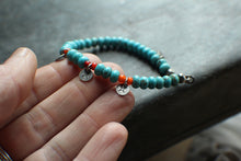 Load image into Gallery viewer, Bohemian Beaded 3-Coin Bracelet - 7.25" Turquoise Rondelle and Orange, OOAK!
