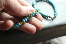 Load image into Gallery viewer, Bohemian Beaded 3-Coin Bracelet - 6.75" Turquoise Rondelle and Yellow stripe African Trade Beads, OOAK!
