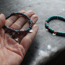 Load image into Gallery viewer, Bohemian Beaded 3-Coin Bracelet - 8" Dusky Purple and Turquoise Beads, OOAK!
