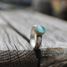Load image into Gallery viewer, Size 6.75 Bisbee Turquoise Ring in 18k Gold &amp; Sterling Silver
