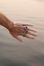 Load image into Gallery viewer, In Deep - Cavern ring size 7 - Lost Wax Carved with Gray Green rosecut Montana Sapphire &amp; 14k pebble
