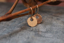 Load image into Gallery viewer, Tiny Gold Coin Earrings, 14k Gold Fill Harbinger of Joy Charms
