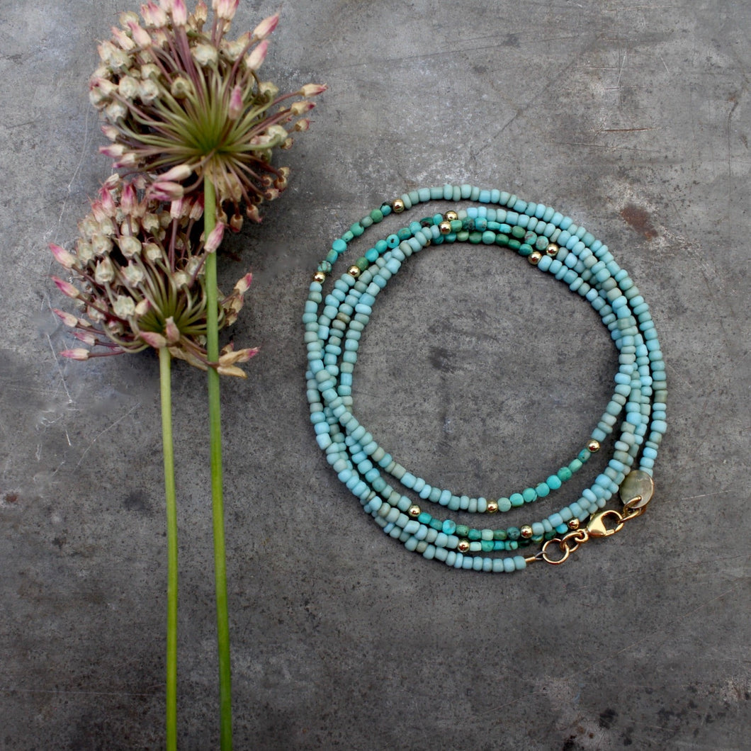 Summer's Gold Wrap Bracelet with Tiny Coin Turquoise - in Lightest Blue