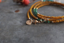 Load image into Gallery viewer, Summer&#39;s Gold Wrap Bracelet with Tiny Coin Turquoise - in Mustard Yellow
