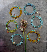 Load image into Gallery viewer, Summer&#39;s Gold Wrap Bracelet with Tiny Coin Turquoise - in Mustard Yellow
